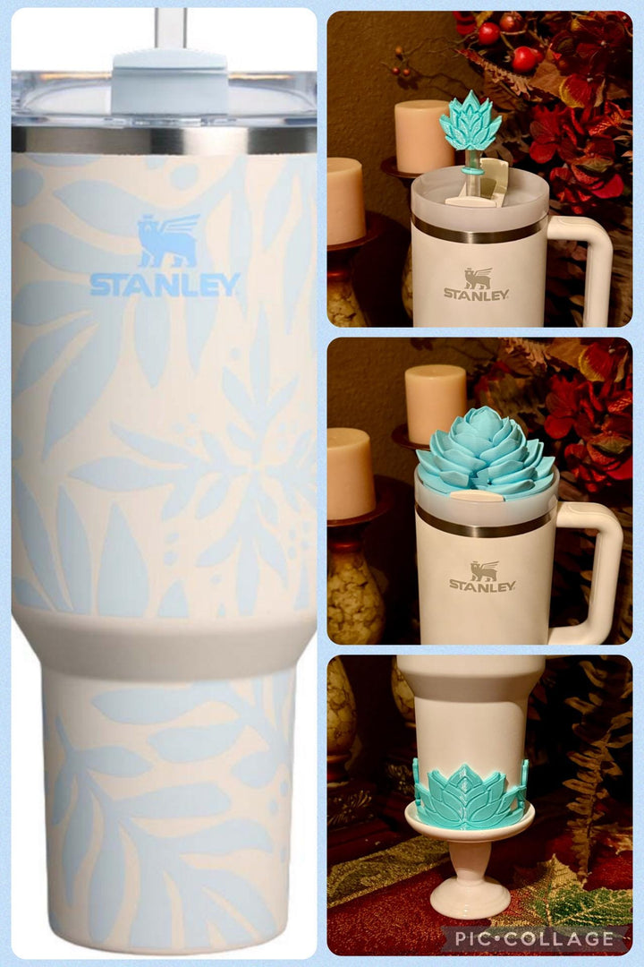 Beautiful Blue Ocean Palms Flower Tumbler Boot or Topper, Tumbler Boot Sleeve, straw topper, fits your Stanley Tumbler