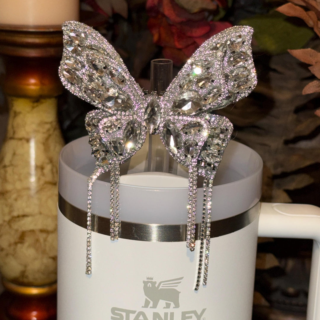 Rhinestone Crystal Butterfly Straw Topper with rhinestone chains for 10 mm Straws, fits Stanley Tumblers, unique gift, princess fancy queen