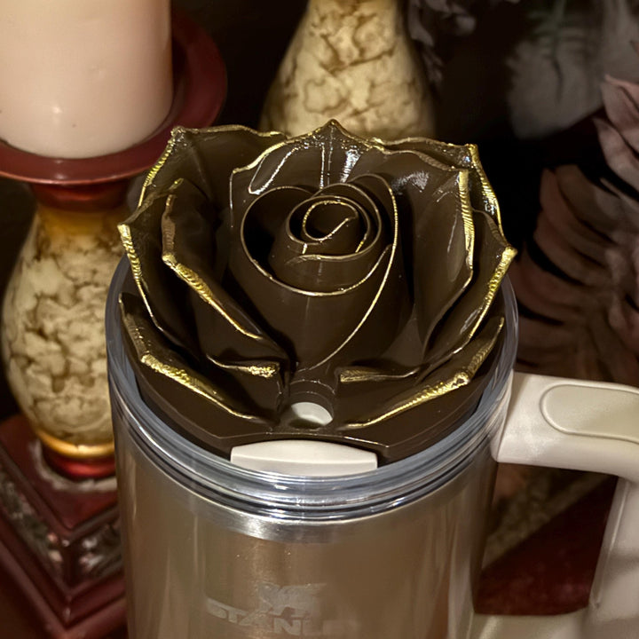 Luxurious 3D Rose with Gold tips Tumbler Topper or matching rose boot that fit Stanley tumbler, Chocolate Brown Gold