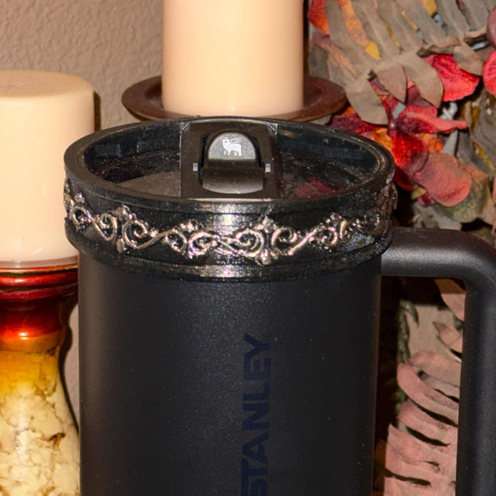 Elegant Black and Silver Scroll Tumbler Lid Halo Bangle and Boot for Stanley tumblers, Fancy Tumbler Sleeves, multiple colors