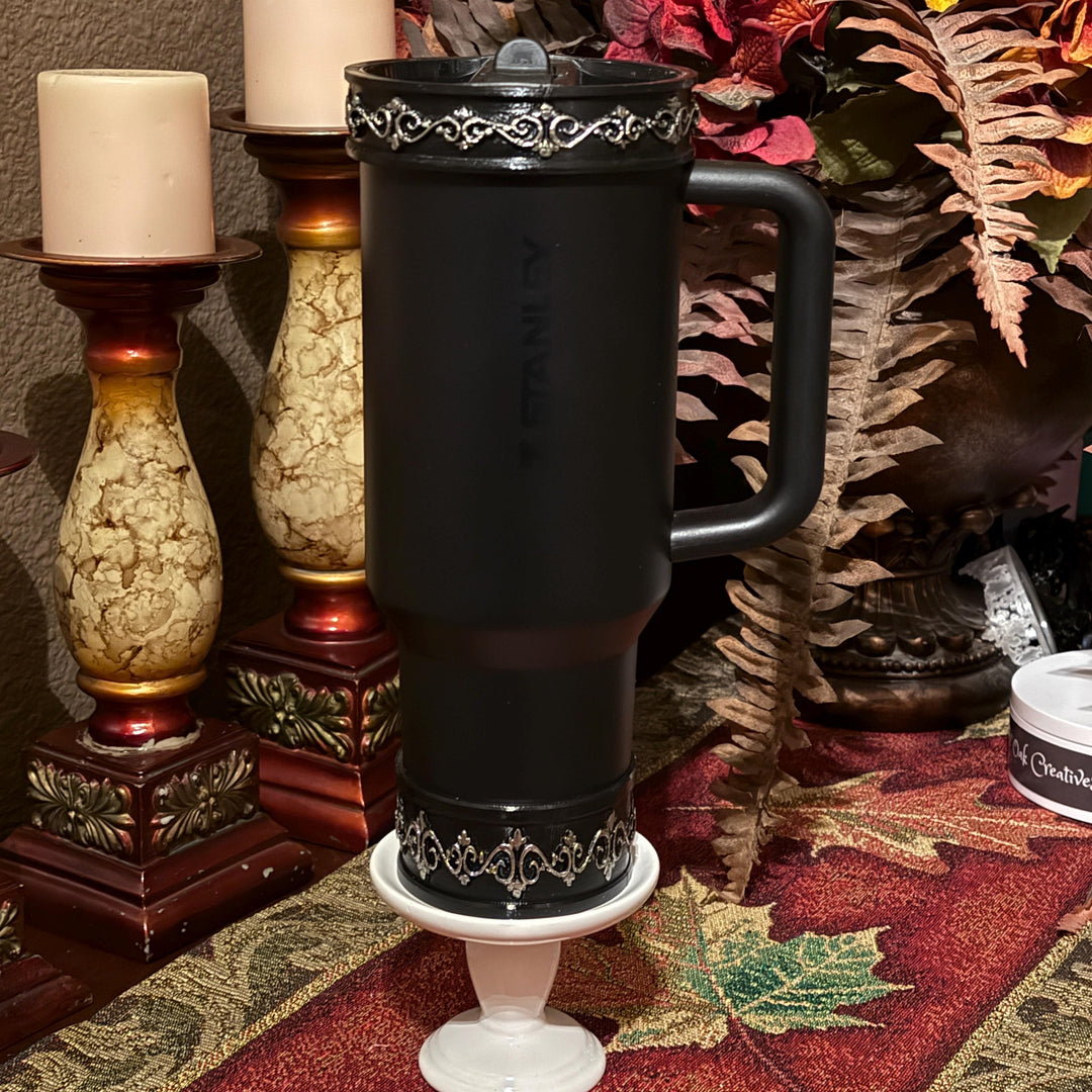 Elegant Black and Silver Scroll Tumbler Lid Halo Bangle and Boot for Stanley tumblers, Fancy Tumbler Sleeves, multiple colors