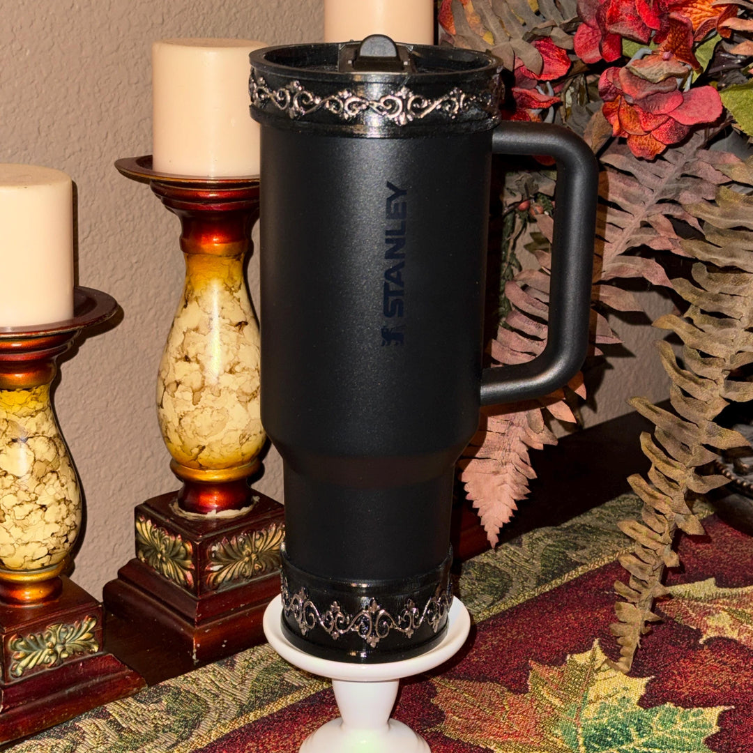 Elegant Black and Silver Scroll Tumbler Lid Halo Bangle and Boot for Stanley tumblers, Fancy Tumbler Sleeves, multiple colors