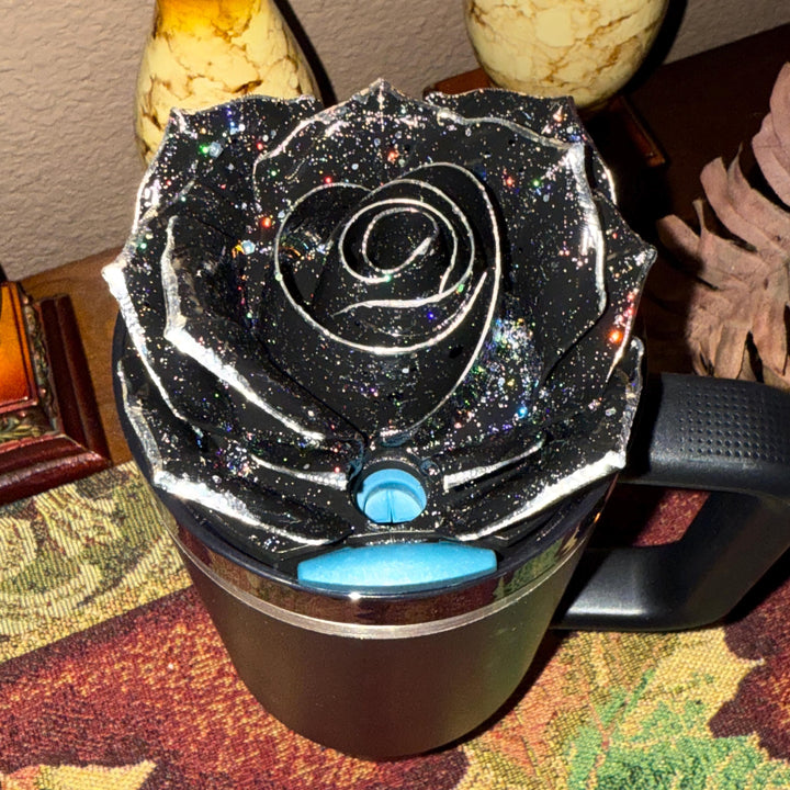 Midnight Glitz 3D Rose Tumbler Topper that fit the new Stanley tumblers, 3D Decorative Lid