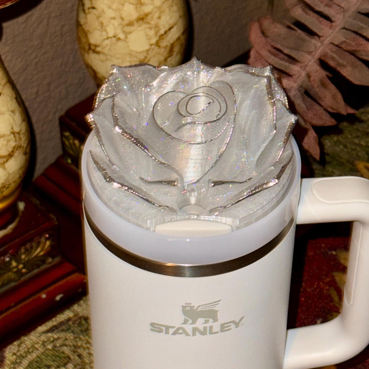 Stunning Translucent Rose with Holograohic Glitter and Silver Tips Tumbler Topper or matching boot, fit Stanley tumbler lids