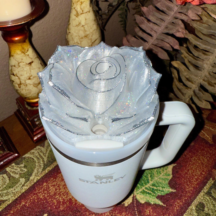 Stunning Translucent Rose with Holograohic Glitter and Silver Tips Tumbler Topper or matching boot, fit Stanley tumbler lids
