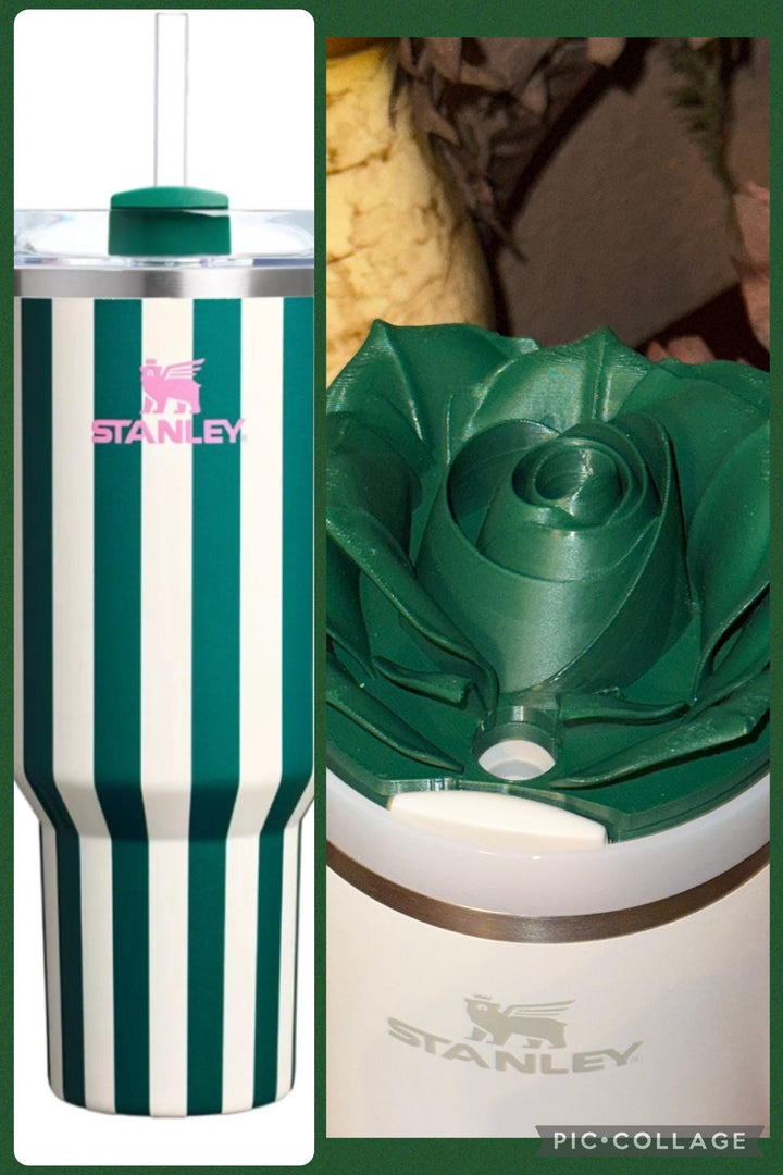 Green 3D Rose Tumbler Topper that fit the new Oasis Cabana Stanley lids, Rose tumbler topper, 3D Decorative Lid,