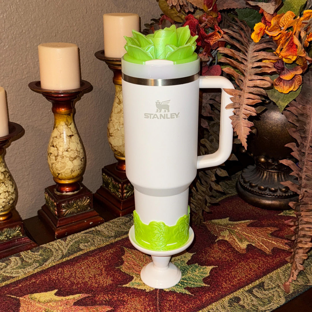 Lime 3D Rose Tumbler Topper and boot that fit Stanley tumblers, Rose tumbler topper, 3D Decorative Lid,