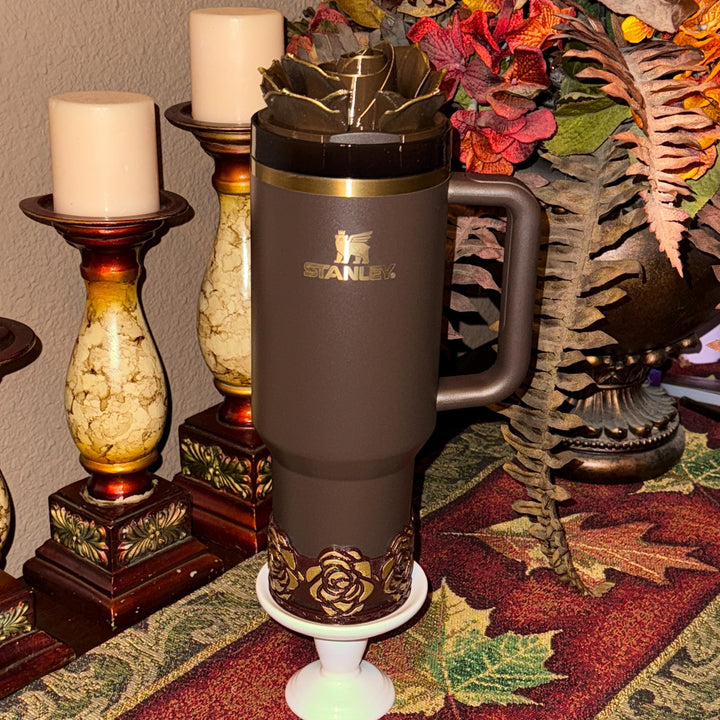 Luxurious 3D Rose with Gold tips Tumbler Topper or matching rose boot that fit Stanley tumbler, Chocolate Brown Gold