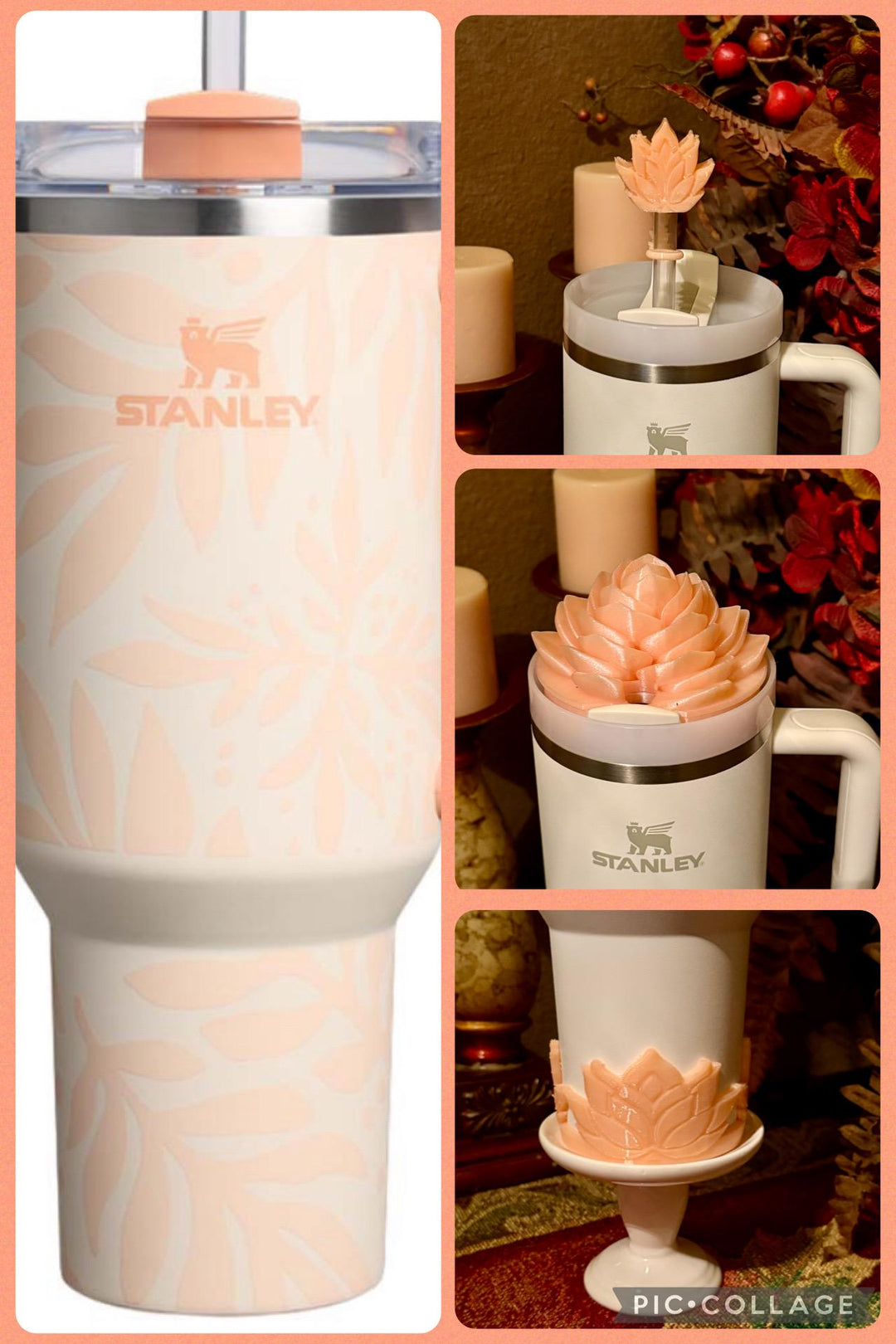 Beautiful Apricot Palms Flower Tumbler Boot or Topper, Tumbler Boot Sleeve, straw topper, fits your Stanley Tumbler