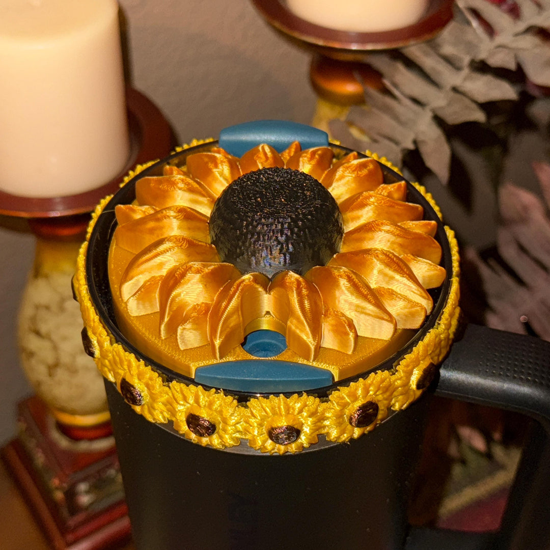 Sunflower Tumbler Boot or halo bangle, straw or lid topper, Flower Cup Sleeve, Unique Gift, Gold black
