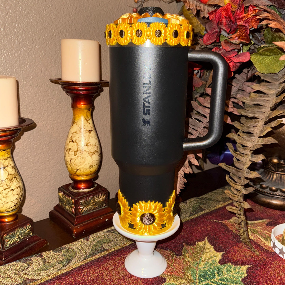 Sunflower Tumbler Boot or halo bangle, straw or lid topper, Flower Cup Sleeve, Unique Gift, Gold black