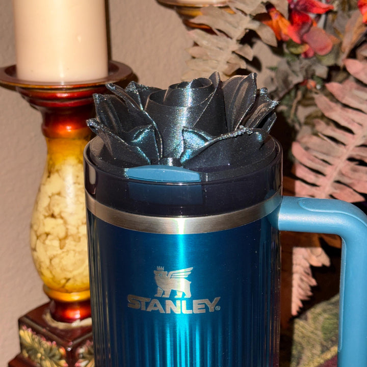3D Rose Deep Dark Teal Shimmer Tumbler Topper that fit the Stanley tumbler lids, BEST SELLER