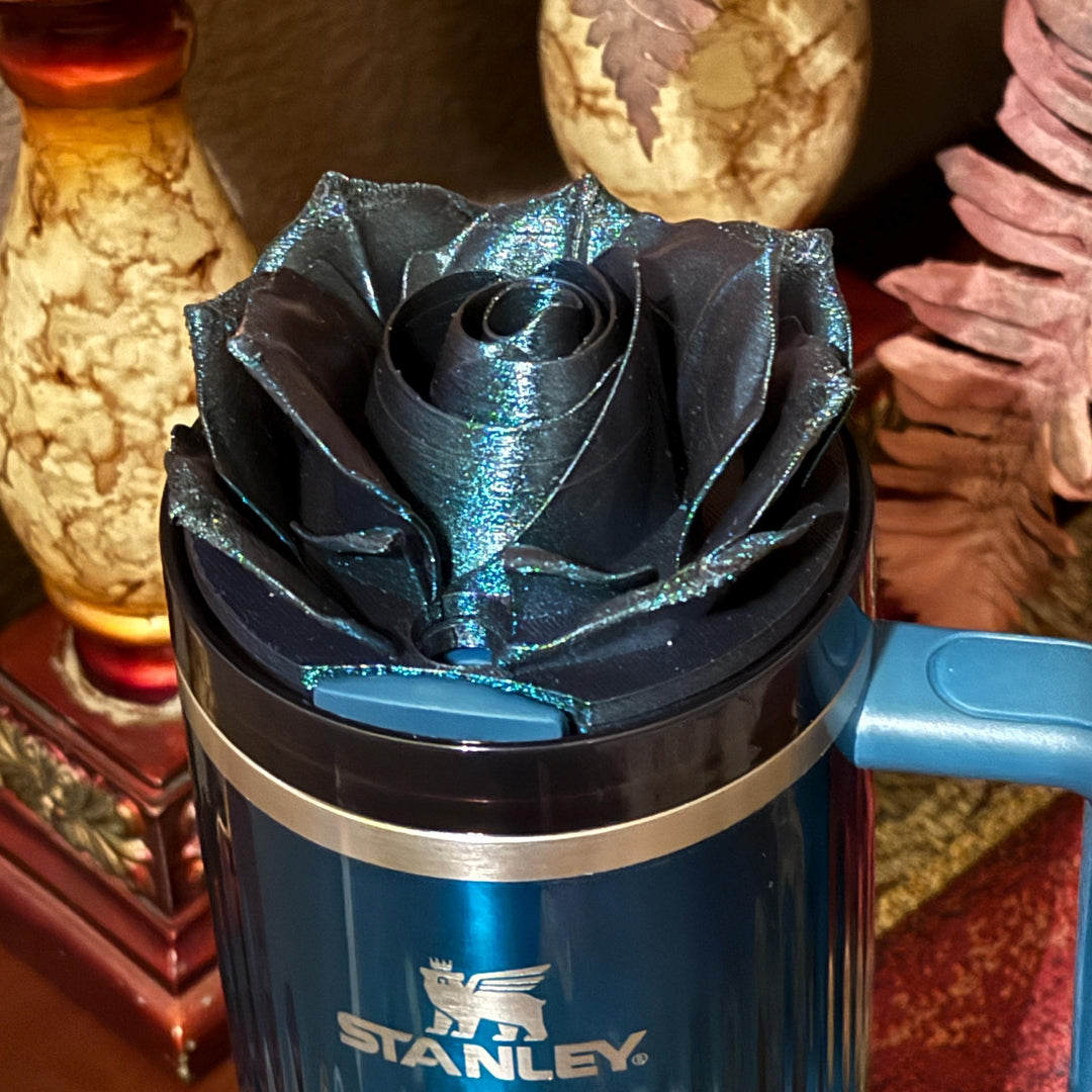 3D Rose Deep Dark Teal Shimmer Tumbler Topper that fit the Stanley tumbler lids, BEST SELLER