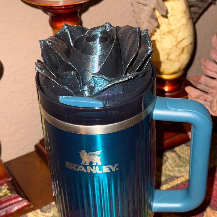3D Rose Deep Dark Teal Shimmer Tumbler Topper that fit the Stanley tumbler lids, BEST SELLER