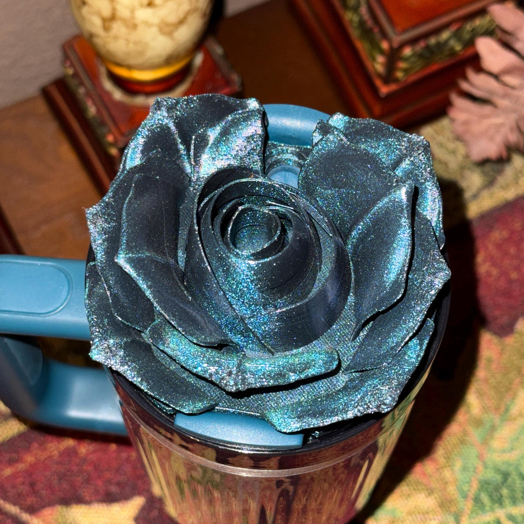 3D Rose Deep Dark Teal Shimmer Tumbler Topper that fit the Stanley tumbler lids, BEST SELLER