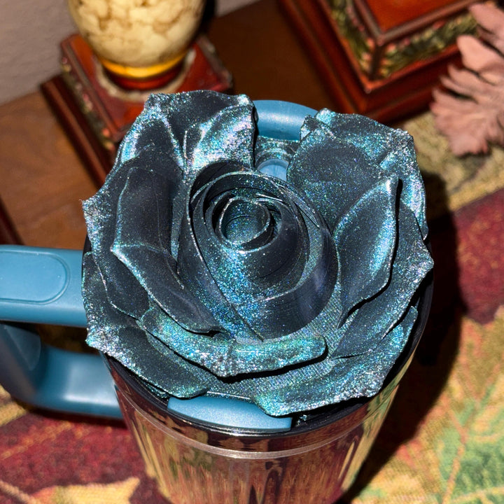 3D Rose Deep Dark Teal Shimmer Tumbler Topper that fit the Stanley tumbler lids, BEST SELLER