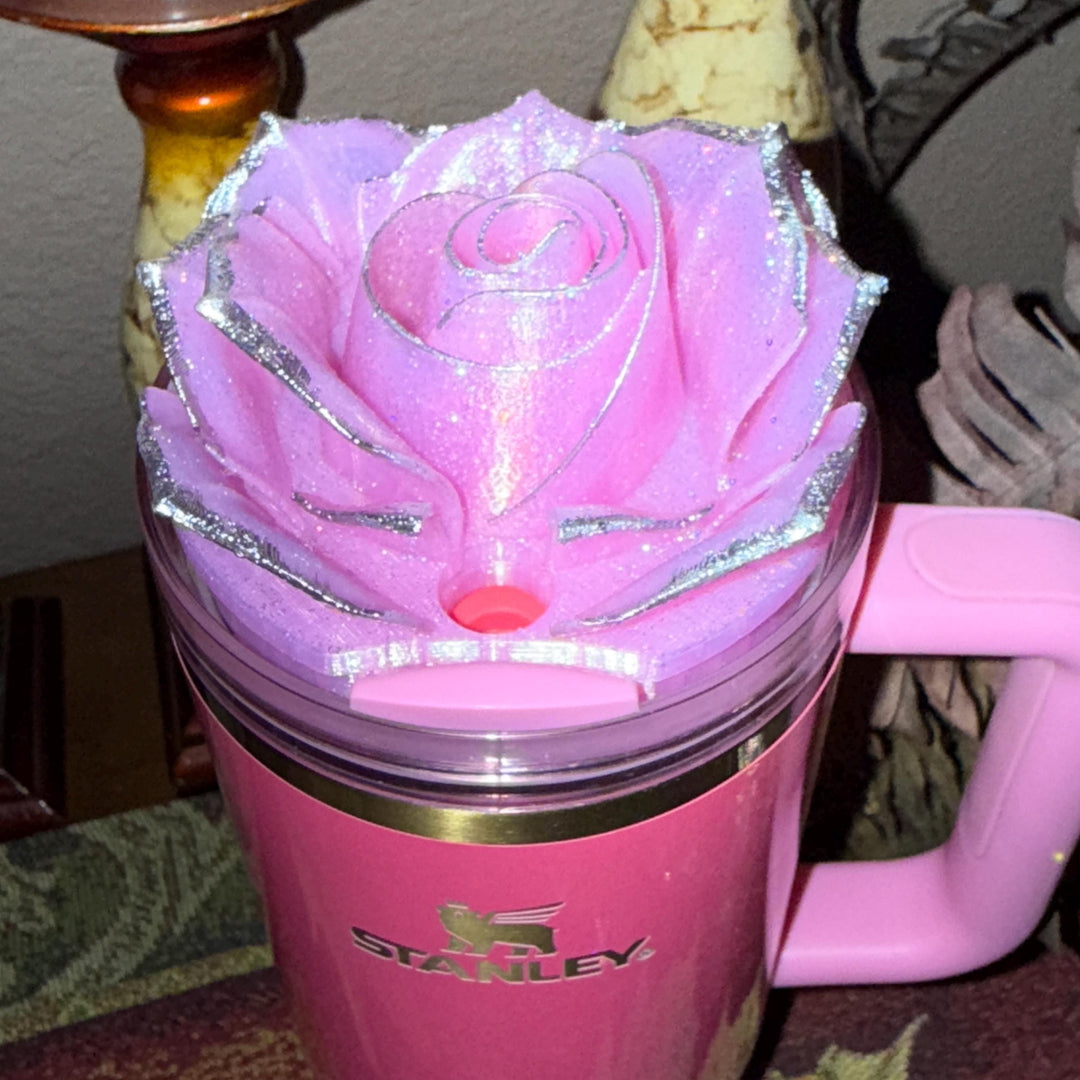 Pink Sparkle 3D Rose Tumbler Topper that fit the Love Shack Fancy Stanley lids, Rose tumbler topper, 3D Decorative Lid, BEST SELLER