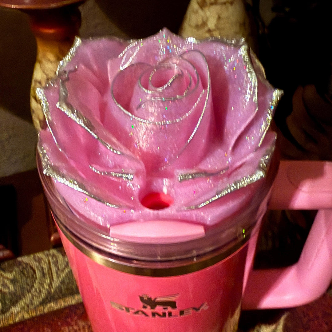Pink Sparkle 3D Rose Tumbler Topper that fit the Love Shack Fancy Stanley lids, Rose tumbler topper, 3D Decorative Lid, BEST SELLER