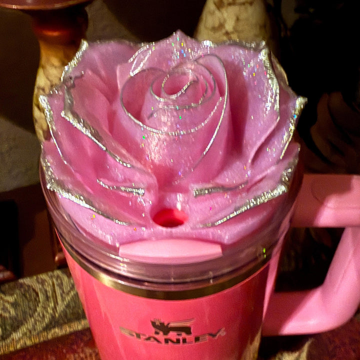 Pink Sparkle 3D Rose Tumbler Topper that fit the Love Shack Fancy Stanley lids, Rose tumbler topper, 3D Decorative Lid, BEST SELLER