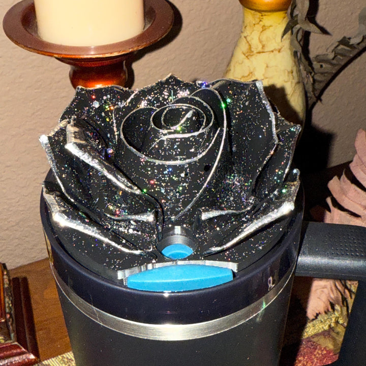 Midnight Glitz 3D Rose Tumbler Topper that fit the new Stanley tumblers, 3D Decorative Lid