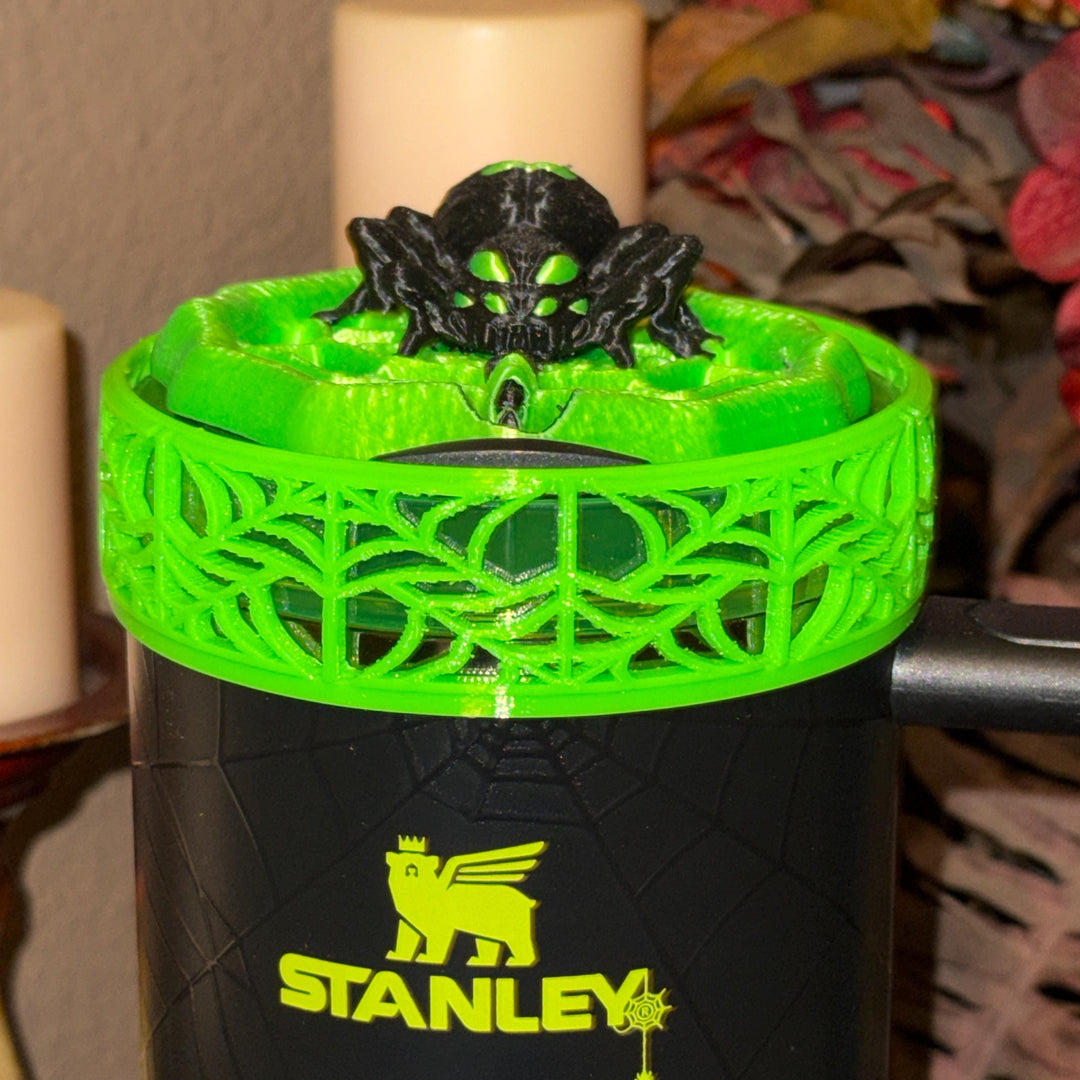 Halloween Neon Green Spiderweb Tumbler Topper and Boot, Halloween Tumbler Sleeve, Fits your 40 oz Web Glow Stanley, Unique Gift, BEST SELLER