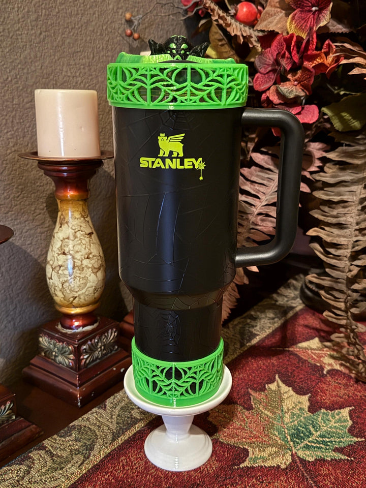 Halloween Neon Green Spiderweb Tumbler Topper and Boot, Halloween Tumbler Sleeve, Fits your 40 oz Web Glow Stanley, Unique Gift, BEST SELLER