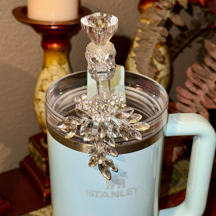 Elegant Rhinestone Crystal Cascading Flower Straw Topper for Tumblers, Fits snugly on 9.5 mm straws