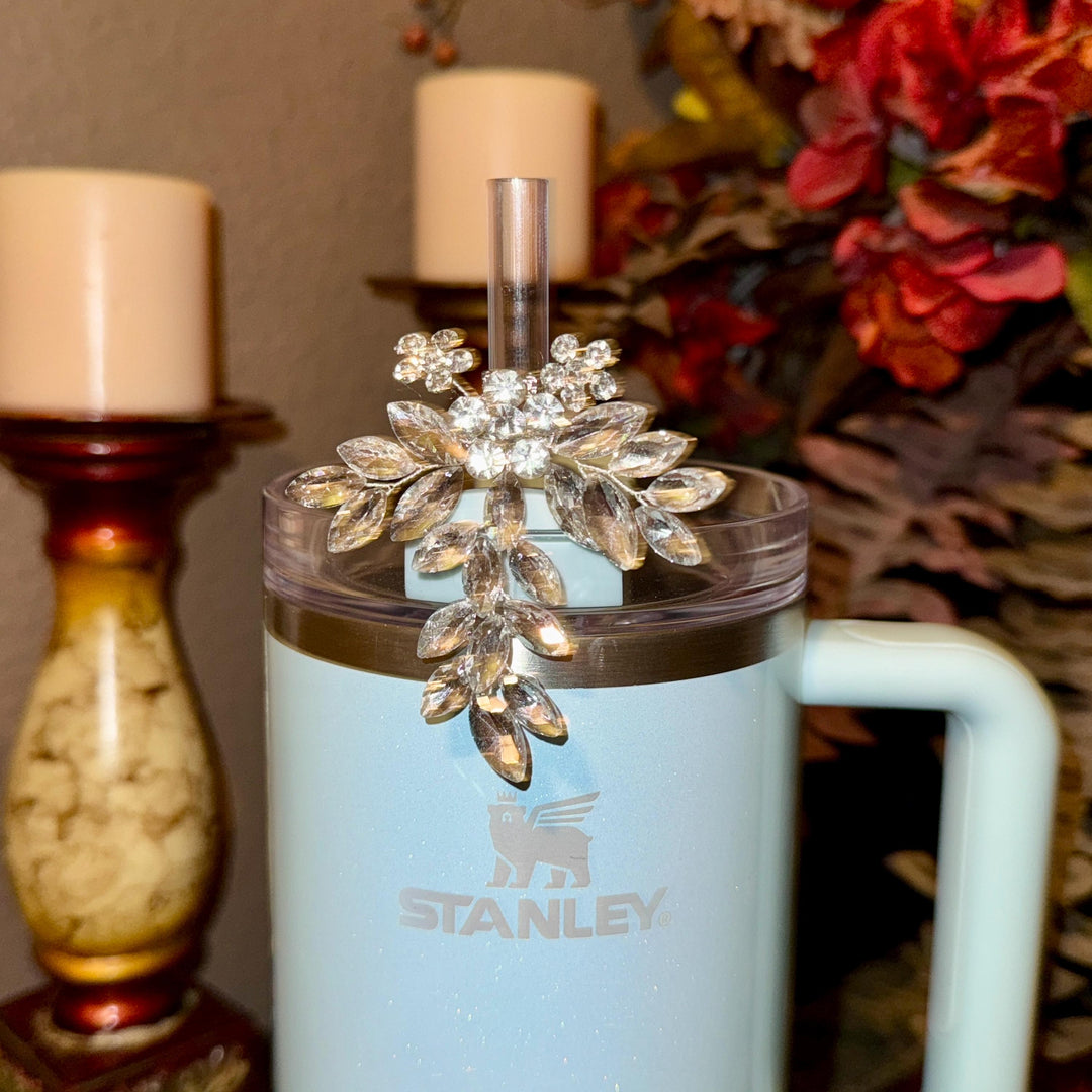 Elegant Rhinestone Crystal Cascading Flower Straw Topper for Tumblers, Fits snugly on 9.5 mm straws