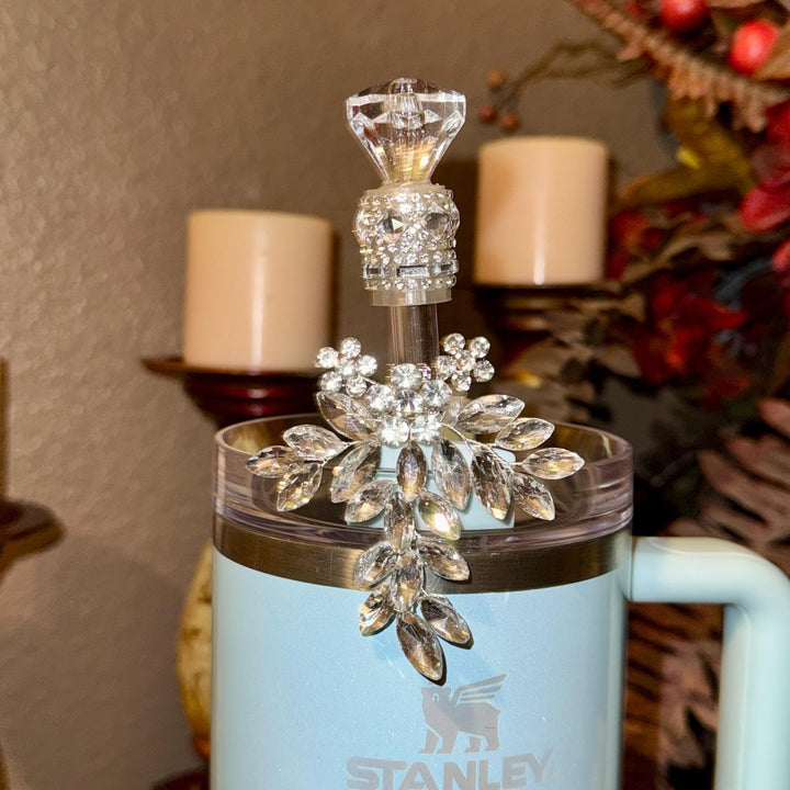 Elegant Rhinestone Crystal Cascading Flower Straw Topper for Tumblers, Fits snugly on 9.5 mm straws