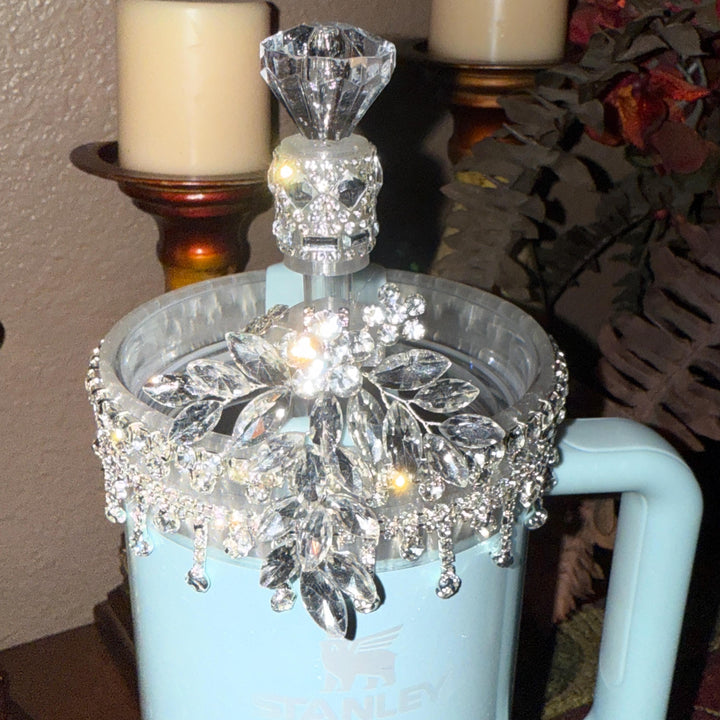 Elegant Rhinestone Crystal Cascading Flower Straw Topper for Tumblers, Fits snugly on 9.5 mm straws