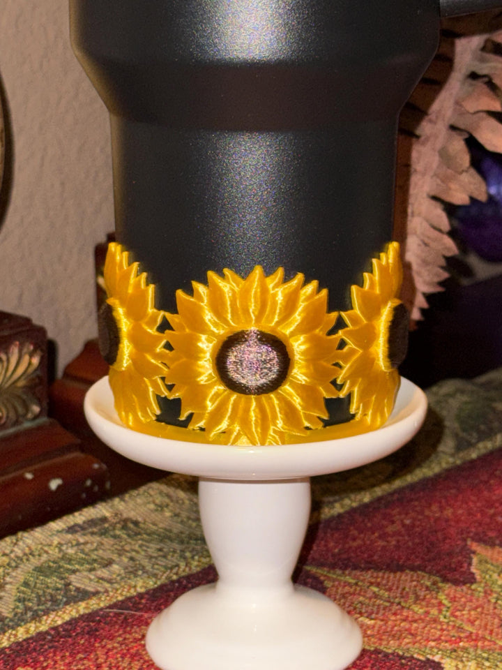 Sunflower Tumbler Boot or halo bangle, straw or lid topper, Flower Cup Sleeve, Unique Gift, Gold black
