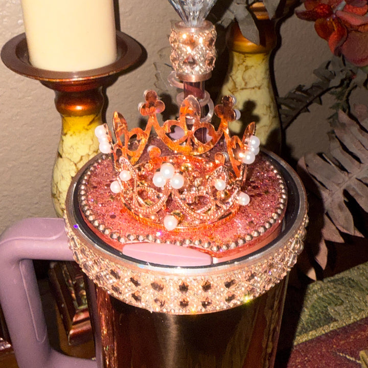 Polished Rose Gold Flat Fancy Rhinestone Tumbler Princess Collection, Stanley tumbler accessories, Crown Halo Boot Straw Topper Bow