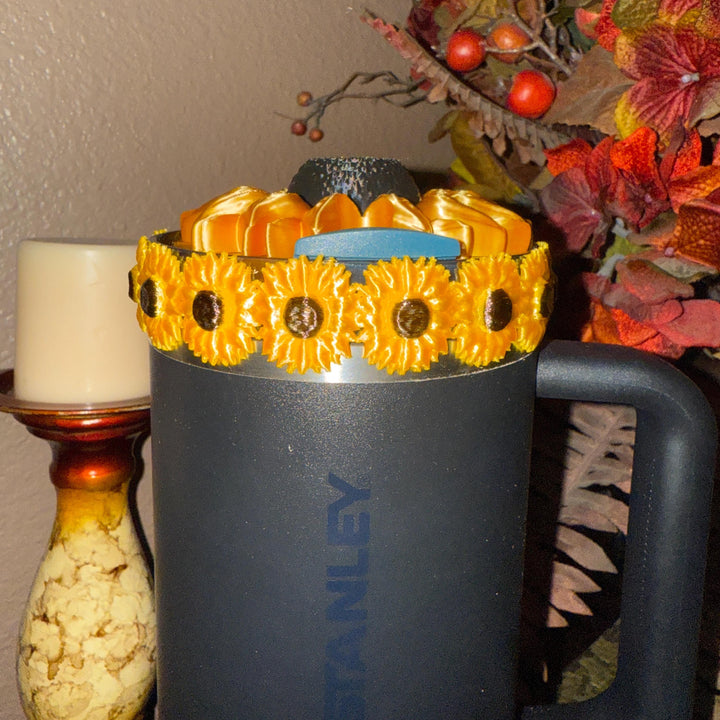 Sunflower Tumbler Boot or halo bangle, straw or lid topper, Flower Cup Sleeve, Unique Gift, Gold black