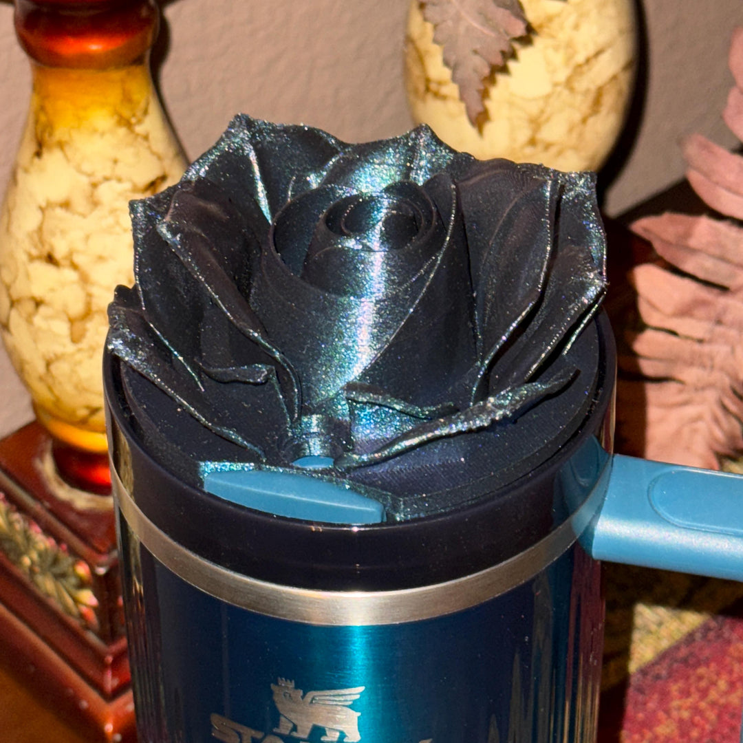 3D Rose Deep Dark Teal Shimmer Tumbler Topper that fit the Stanley tumbler lids, BEST SELLER