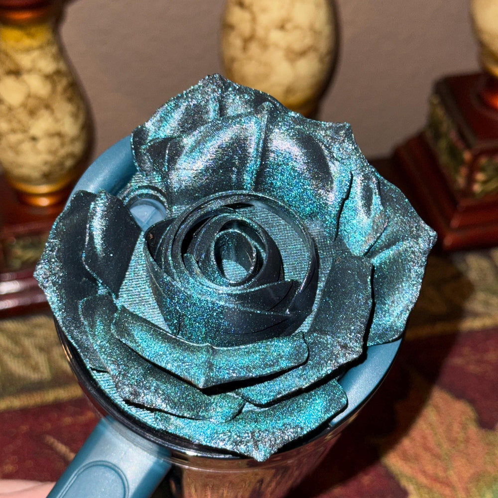 3D Rose Deep Dark Teal Shimmer Tumbler Topper that fit the Stanley tumbler lids, BEST SELLER