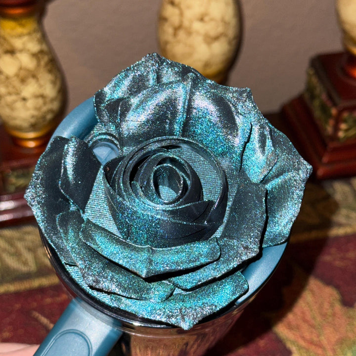 3D Rose Deep Dark Teal Shimmer Tumbler Topper that fit the Stanley tumbler lids, BEST SELLER