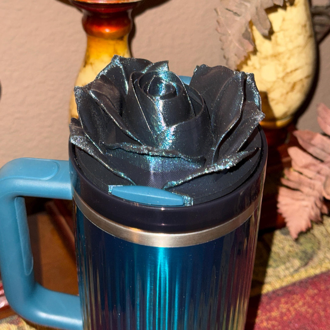 3D Rose Deep Dark Teal Shimmer Tumbler Topper that fit the Stanley tumbler lids, BEST SELLER