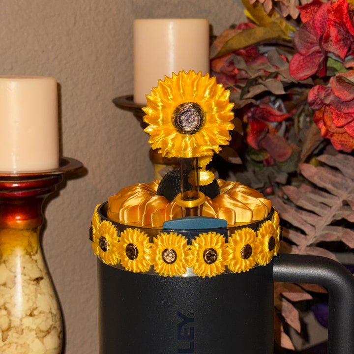 Sunflower Tumbler Boot or halo bangle, straw or lid topper, Flower Cup Sleeve, Unique Gift, Gold black