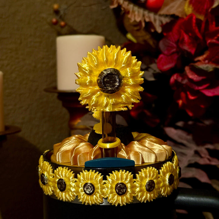 Sunflower Tumbler Boot or halo bangle, straw or lid topper, Flower Cup Sleeve, Unique Gift, Gold black