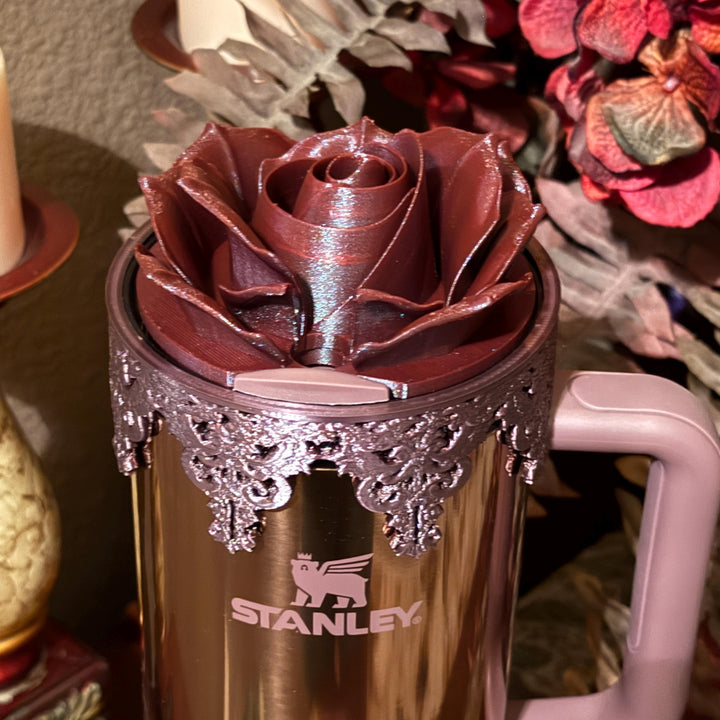 Damask Lace Tumbler Halo or Boot, Stanley accessories, unique gift, deep purple, egg plant, rose gold, Quencher and Pro Tour
