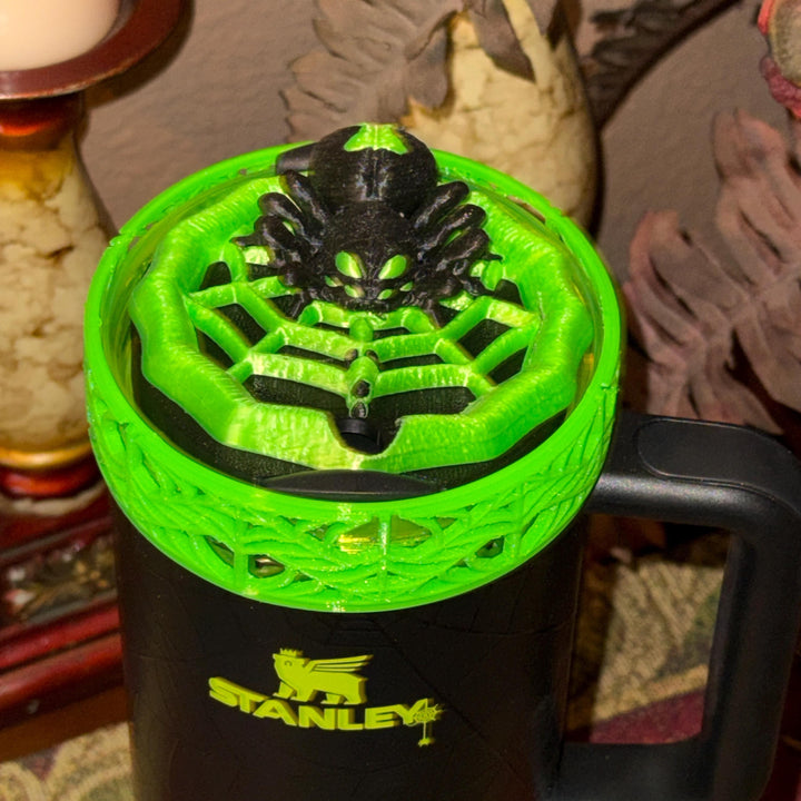 Halloween Neon Green Spiderweb Tumbler Topper and Boot, Halloween Tumbler Sleeve, Fits your 40 oz Web Glow Stanley, Unique Gift, BEST SELLER