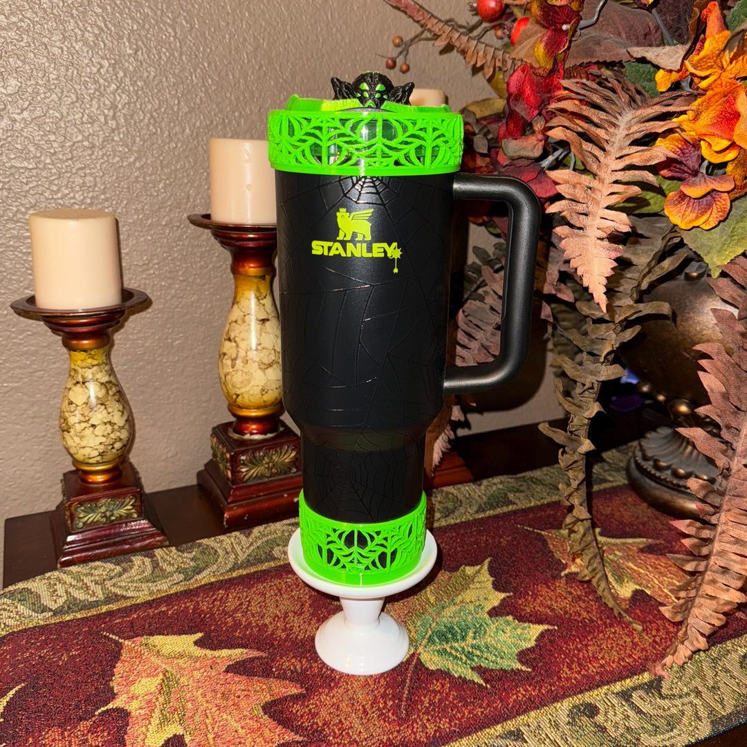 Halloween Neon Green Spiderweb Tumbler Topper and Boot, Halloween Tumbler Sleeve, Fits your 40 oz Web Glow Stanley, Unique Gift, BEST SELLER