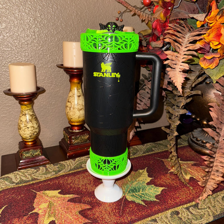 Halloween Neon Green Spiderweb Tumbler Topper and Boot, Halloween Tumbler Sleeve, Fits your 40 oz Web Glow Stanley, Unique Gift, BEST SELLER