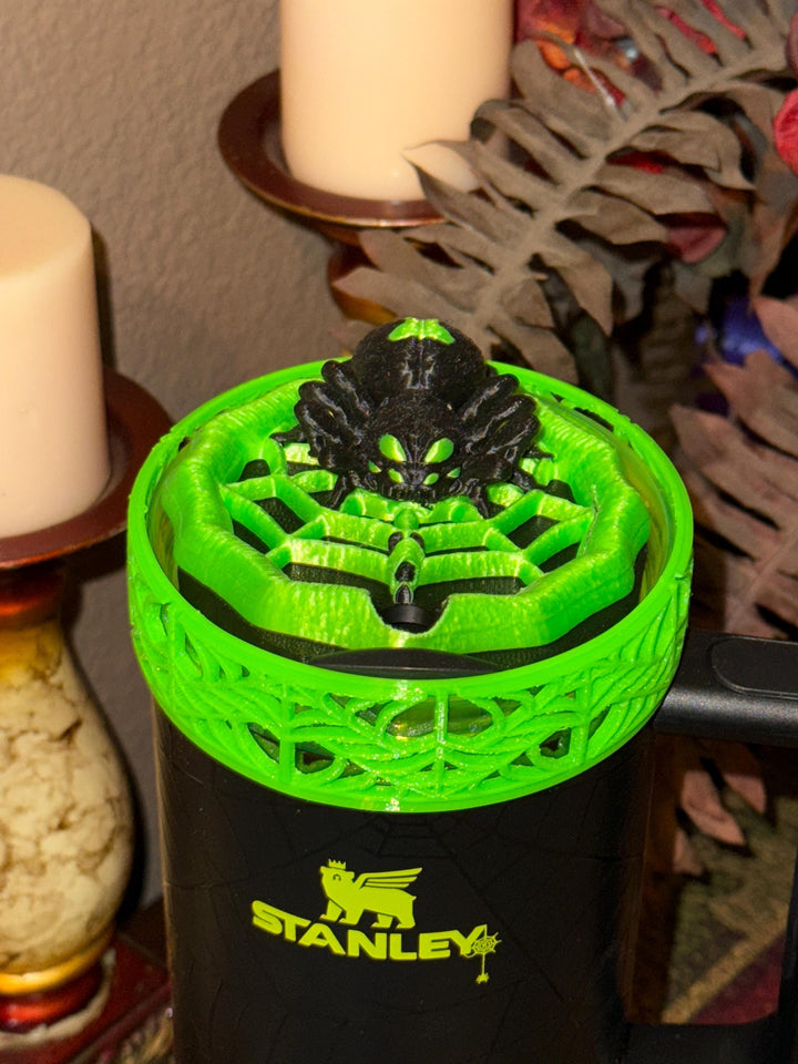 Halloween Neon Green Spiderweb Tumbler Topper and Boot, Halloween Tumbler Sleeve, Fits your 40 oz Web Glow Stanley, Unique Gift, BEST SELLER
