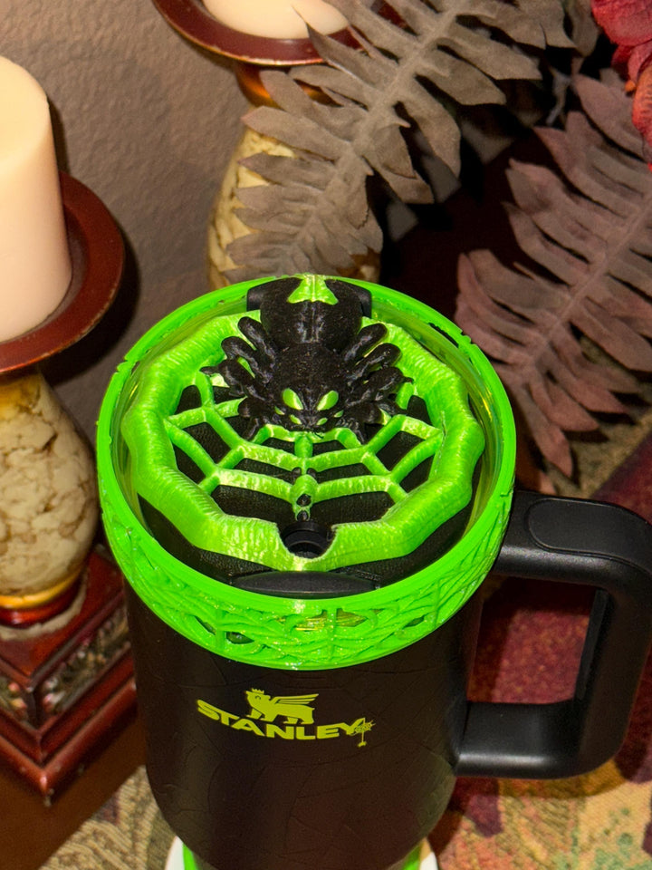 Halloween Neon Green Spiderweb Tumbler Topper and Boot, Halloween Tumbler Sleeve, Fits your 40 oz Web Glow Stanley, Unique Gift, BEST SELLER