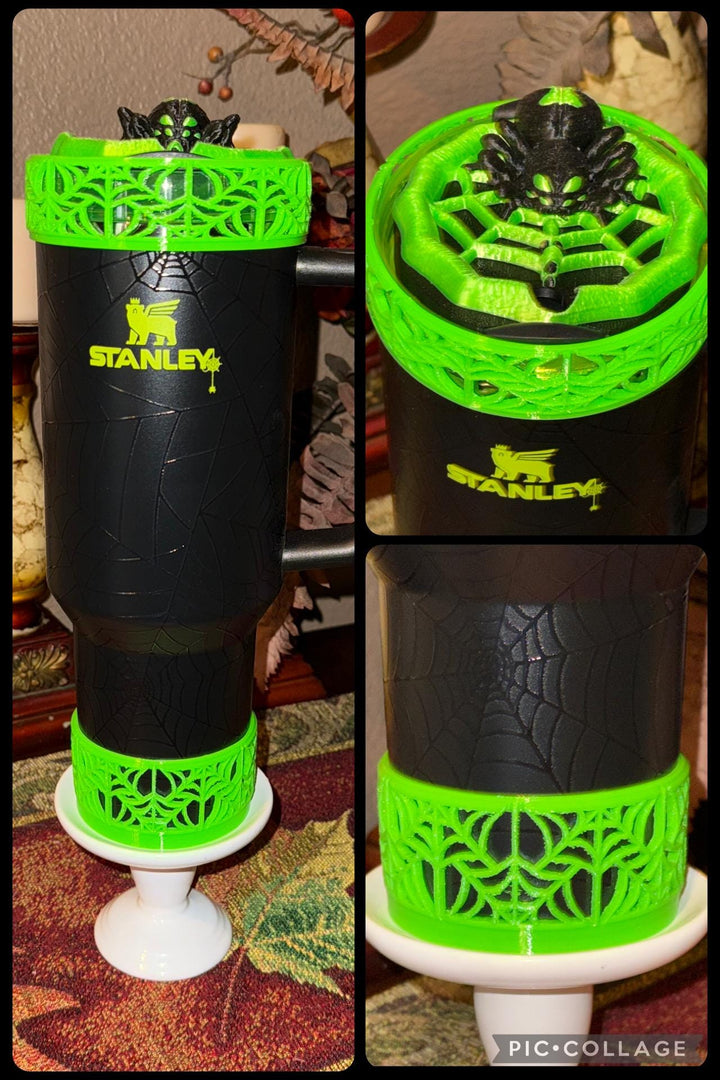 Halloween Neon Green Spiderweb Tumbler Topper and Boot, Halloween Tumbler Sleeve, Fits your 40 oz Web Glow Stanley, Unique Gift, BEST SELLER