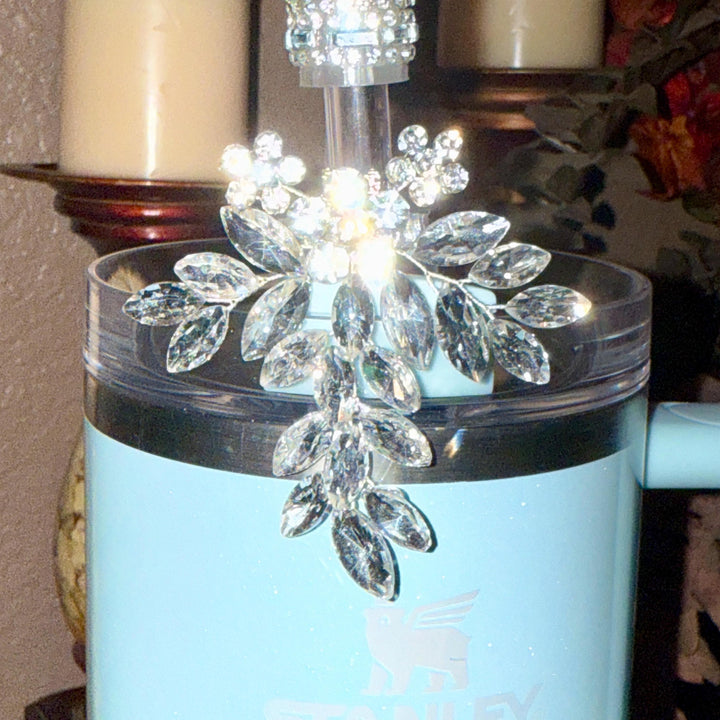 Elegant Rhinestone Crystal Cascading Flower Straw Topper for Tumblers, Fits snugly on 9.5 mm straws