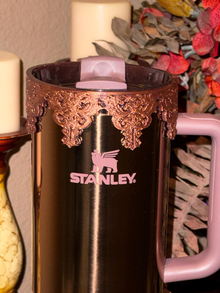 Damask Lace Tumbler Halo or Boot Rose, Stanley accessories, unique gift, deep purple, egg plant, rose gold, Quencher Pro Tour