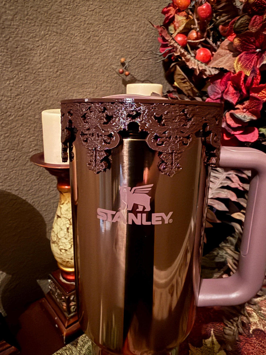 Damask Lace Tumbler Halo or Boot, Straw topper, Stanley accessories, unique gift, rose gold dark brown, Quencher Pro Tour
