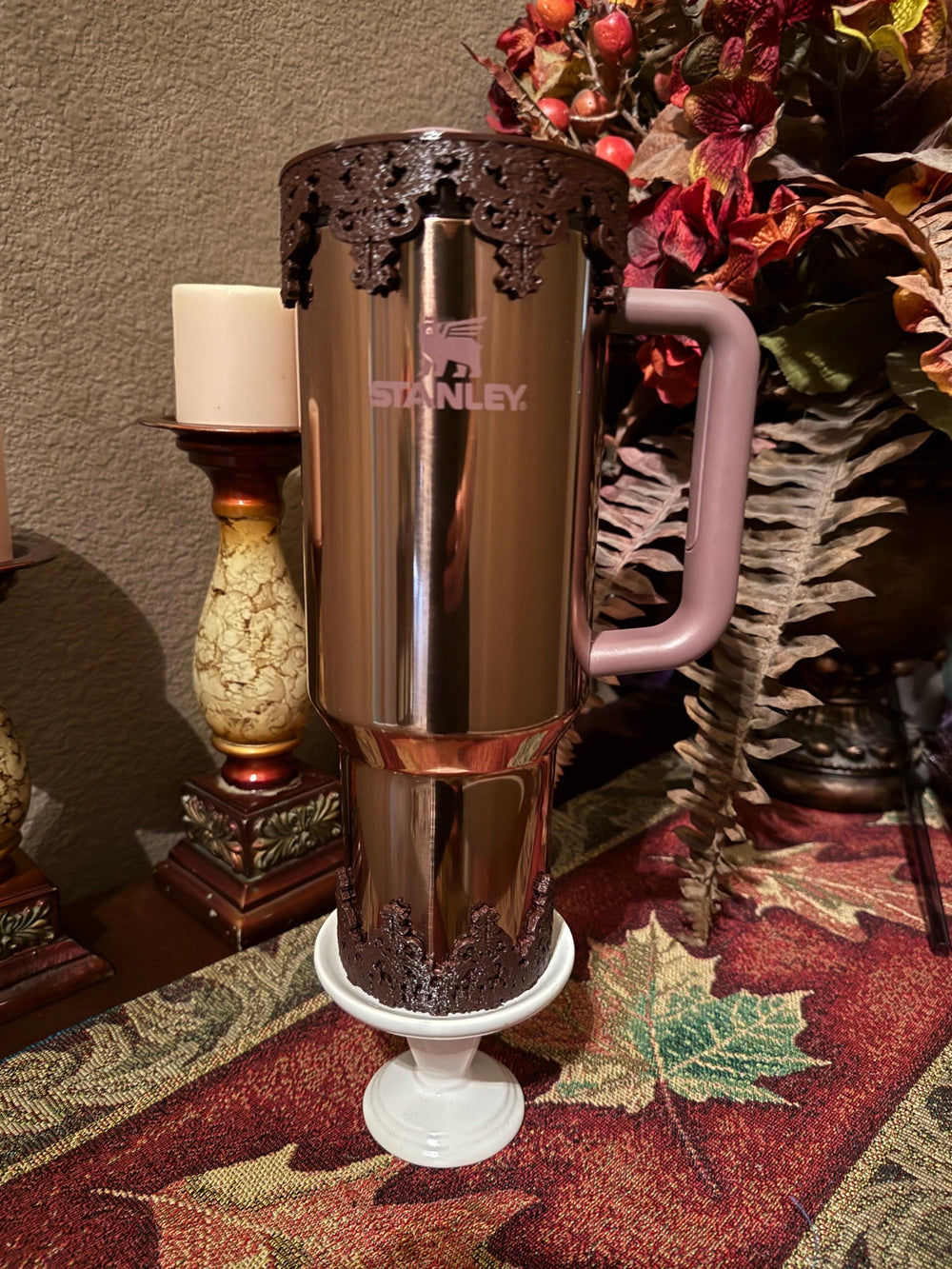 Damask Lace Tumbler Halo or Boot, Straw topper, Stanley accessories, unique gift, rose gold dark brown, Quencher Pro Tour
